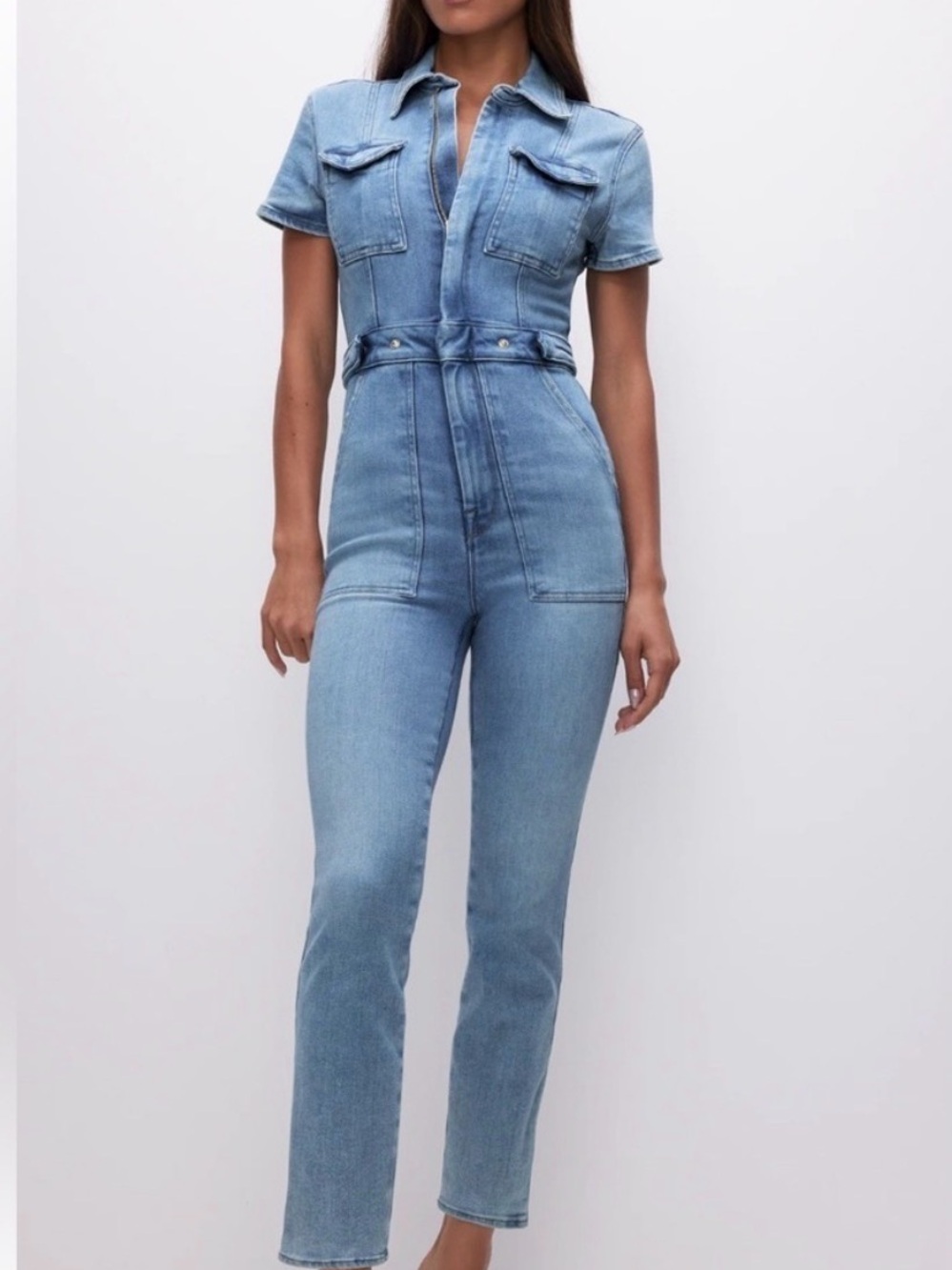 Good American Light Blue Denim Short-Sleeve Jumpsuit